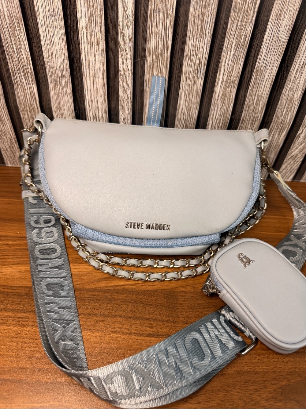 Steve Madden Light Blue Embellished Crossbody Bag with Chain Detail - Picture 10 of 16